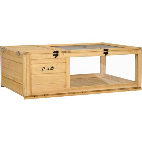 Schildkrötengehege aus Massivholz, 91 x 60,5 x 32 cm, hellgelb, mit 2 kleinen Tiergehegen