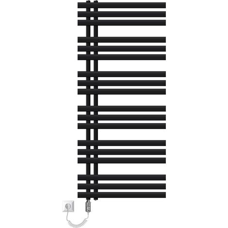 LuxeBath Radiateur Design Iron EM, 600x1400 mm, Noir Mat, Résistance Électrique Chrome 900W avec Thermostat Simple Affichage Numérique, Sèche-Serviettes de Salle de Bain à Tige Cartouche Chauffante (1/5)