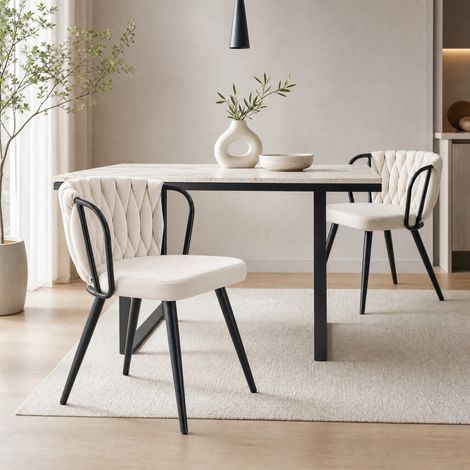 Silla de comedor tapizada, respaldo ergonómico trenzado, patas de metal negro, terciopelo beige (1/5)