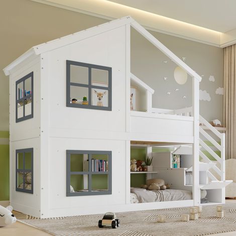 REDOM Letto a castello 90x200 cm con scala a 3 livelli con armadietti, legno e MDF, bianco e grigio (Senza materasso) (1/5)