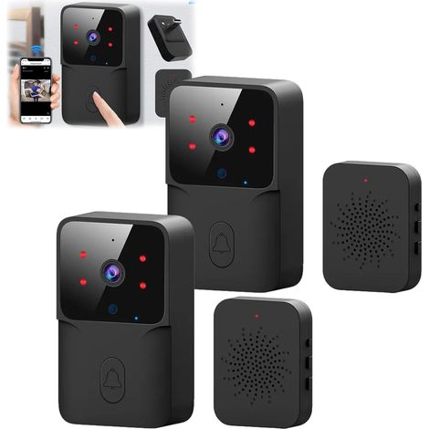 DoorDefender, sonnette vidéo sans fil avec caméra, sonnette vidéo intelligente WiFi, sonnette vidéo intelligente, sonnette vidéo intelligente sans fil avec carillon (noir-2 pièces)