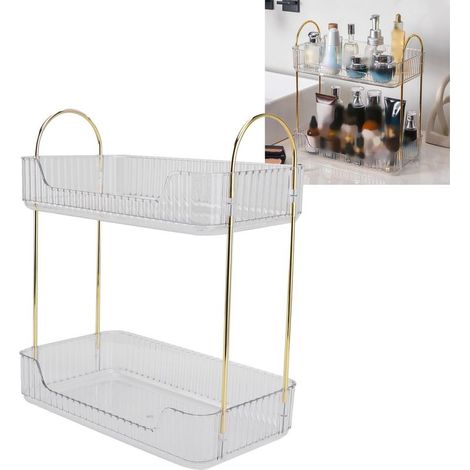 Organisateur de rangement cosmétiques 2 niveaux, étagère double étage blanche, support transparent en fer et PP, dimensions 30x17x6 cm, capacité optimisée pour dressing et salle de bain (1/5)