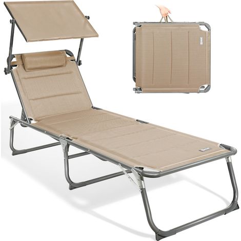 HOMECALL Gartenliege Sonnenliege AluLiege Liegestuhl Liege Klappbar, Textilene Mit Dickem Schwamm, Mit Verstellbare Rückenlehne, Sonnenblende, Kopfpolster, bis 180KG-Beige