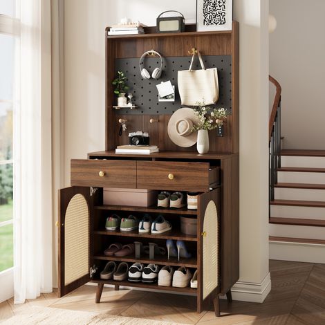 Meuble d'entrée, avec meuble à chaussures et vestiaire, 2 portes en cannage arqué, panneau perforé et 2 tiroirs, style naturel, pour 12 paires, Noyer (1/5)