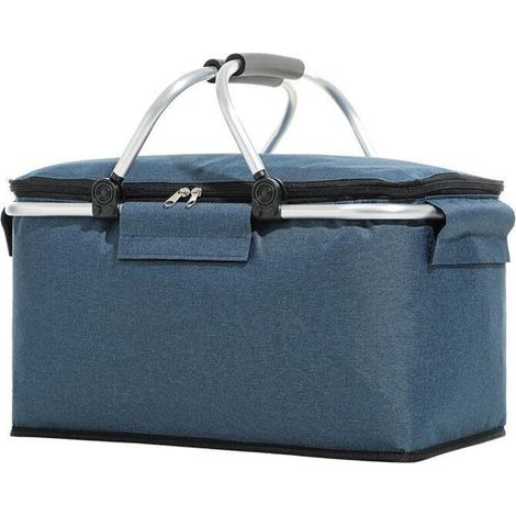 Panier à provisions pliable de 20 L, panier de transport familial, panier de pique-nique isotherme avec poignées rembourrées (bleu)