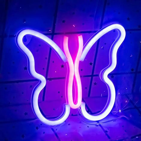 Enseigne lumineuse néon papillon bleu, veilleuse LED USB à piles, décoration murale pour chambre, salle de jeux, bar ou fête. (1/5)