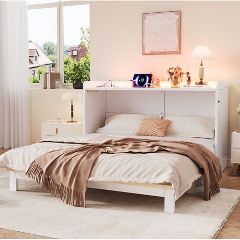 Schrankbett 140x200 cm Weiß aus MDF und Spanplatte mit LED-Lichtleiste, USB, Steckdose und Stauraum (1/5)