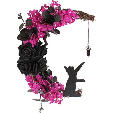 Guirlande de chat lune d'halloween avec couronne décorations d'extérieur Noir Rose (1/5)