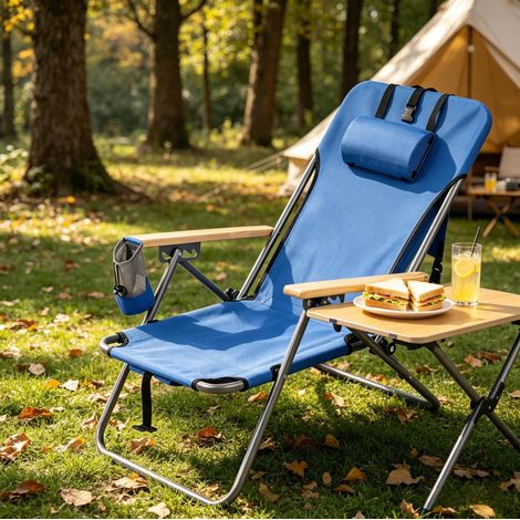 Chaise d'extérieur pliante en métal bleu, dossier réglable 4 positions avec appui-tête (1/4)
