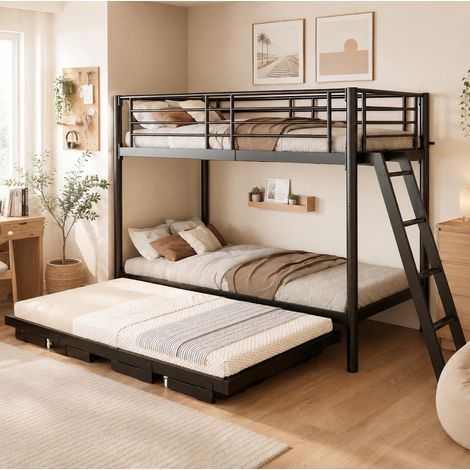 Lit superposé enfant 90x200 cm avec lit gigogne extensible 180x200 cm, gain de place, métal noir (1/5)