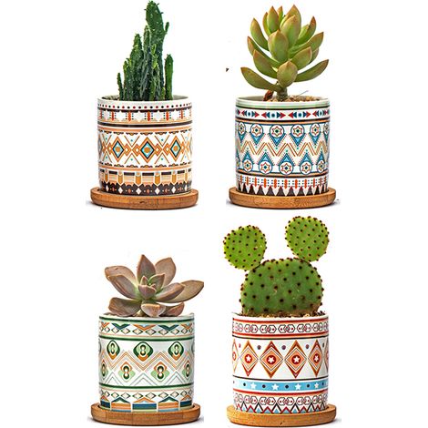 Set 4 Pezzi Vasi In Ceramica Con Moderne Decorazioni Fiori Piante Grasse Con Sotto Vaso In Bambù Foro Centrale Vasetti Cactus Decorazione Interno Esterno Casa Vasetto Con Foro Scarico Scrivania Comodi (1/5)