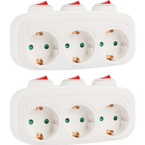 CILIA 2 Pezzi Adattatore Multiplo 3 Prese Schuko con 3 Interruttori Indipendenti, Multipresa da Muro Senza Cavo, 16A 230V Max 3500W, Ciabatta Elettrica con Tasto ON/OFF per Ogni Presa, Bianco (1/5)