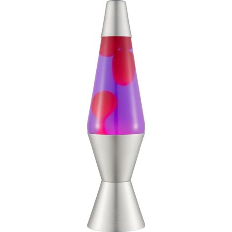 Lampe à lave en cire rose, liquide violet, base et couvercle argentés (1/3)