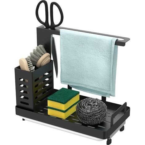 Porte Eponge Evier Cuisine Fixé au Mur et Debout Support Brosse Éponge Organiseur Cuisine en Acier Inoxydable Rangement Evier Cuisine pour Liquide Vaisselle, éponge, Brosse, Torchons (1/5)