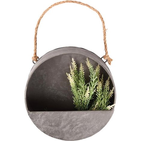 Esschert Design – Jardinière murale ronde S 20 x 6,7 cm – Zinc pour décoration intérieure et extérieure – Suspension par corde – Effet apaisant