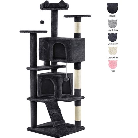Yaheetech Albero Tiragraffi per Gatti 178 cm con 3 Posatoi 2 Palle 2 Condomini 3 Tiragraffi a Corda di Sisal Gioco Giocattolo Nero