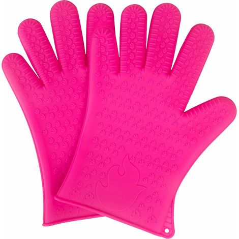 Lot de 2 gants de cuisine en silicone résistants à la chaleur, antidérapants et imperméables, adaptés à la cuisine (rouge rose)