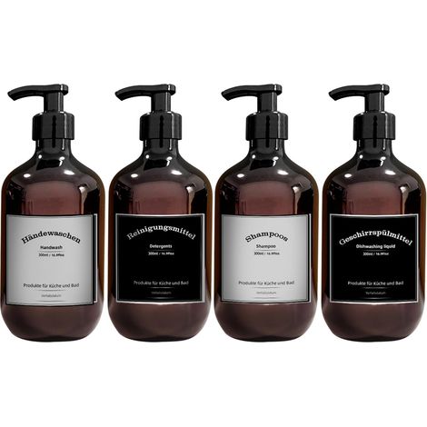 Lot de 4 distributeurs de savon en plastique de 300 ml avec étiquettes, bouteilles à pompe pour salle de bain, shampooing (300 ml marron) (1/5)