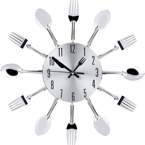 Horloge murale DIY en acier inoxydable couverts silencieux pour cuisine décoration originale avec fourchette couteau et cuillère design moderne (1/5)