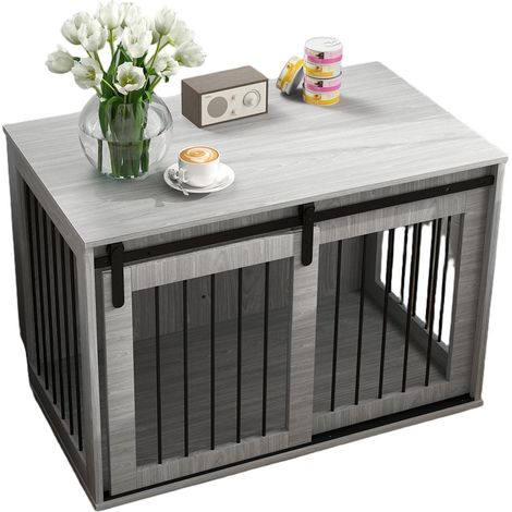 PawHut cuccia per cani in legno grigia con porta scorrevole 98 x 58 x 61 cm (1/5)