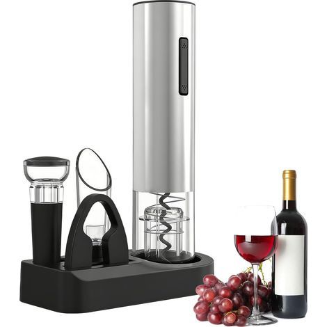 Abrebotellas eléctrico 5 en 1: abrebotellas automático con base de almacenamiento, cortador de papel de aluminio, aireador y sellador al vacío. Recargable mediante USB-C. (1/5)