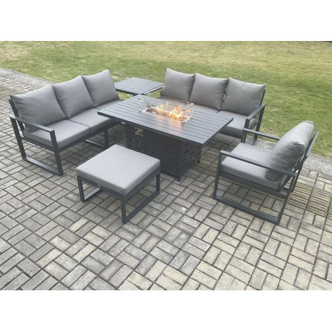 Fimous Aluminium 6 Pieces Garden Furniture Sofa Set with Cushions 8 Seater Gas Fire Pit Dining Table Set with Side Table Big Footstool Dark Grey (1/5)