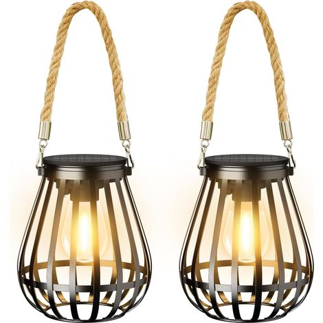 Waterproof outdoor solar lanterns, bright and warm lighting for up to 12 hours, metal lights with rope for garden, yard, patio, fence, porch, hanging decor