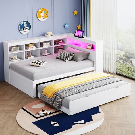 Cama nido de madera maciza blanca 90x200 cm con cama extra, USB, luz LED y estantes (1/5)