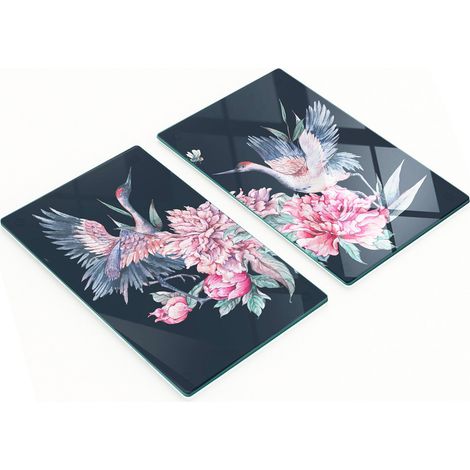 Planches à découper décoratives en verre trempé, motif grues et pivoines, 2 x 30 x 52 cm (1/5)