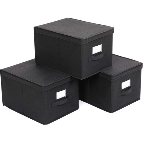 Scatole portaoggetti pieghevoli set da 3 in tessuto non tessuto con coperchio e maniglie dimensioni 40 x 30 x 25 cm nere 120000085