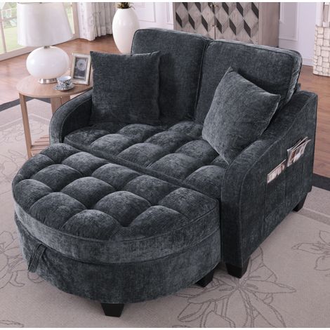 Sofá cama 2 en 1 con puf de almacenaje, tejido transpirable, madera de eucalipto, negro DESVIAE (1/5)