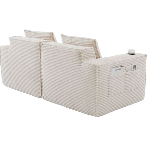 Divano modulare 2 posti in corduroy beige con portabicchieri e tasche laterali (1/5)