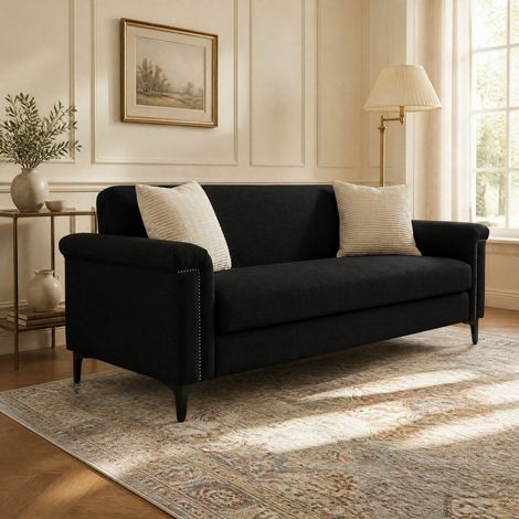 Sofá nórdico de 2 plazas en lino negro, madera y patas metálicas, 172 cm (1/5)