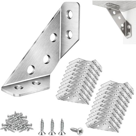 20Pcs Equerre Metal Acier Inoxydable 22x66x29 mm, Equerre Fixation pour Étagère Armoire Bureau, Corniere Acier Support Triangulaire, Connecteur Poteau Bois 7x7 Avec 80 Vis (1/5)