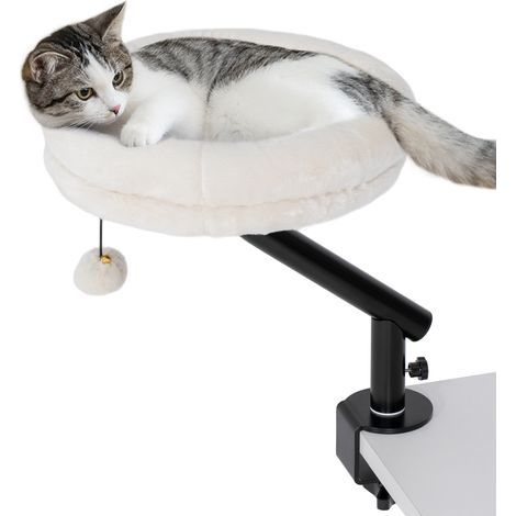 Lit de bureau pour chat, avec rotation à 360°, hauteur réglable, coussin amovible et lavable en machine, pour chats de moins de 6 kg, idéal pour la maison ou le bureau, blanc crème (1/5)