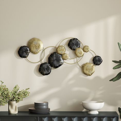 Decorazione da parete in metallo a forma di foglia di loto, scultura da parete per l'arredamento di casa, 84x35 cm, oro e nero