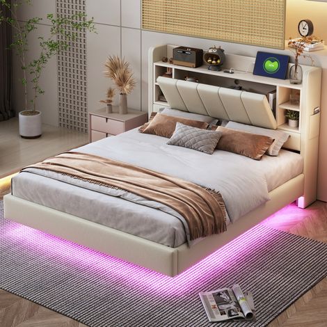 Lit 140x200 avec rangements, LED et USB beige HAVRYA (1/5)