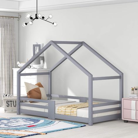 Children's bed - 90 x 200 cm - Wooden children's bed - With side rail - Fall protection - Made of pine wood - For children - Grey (without mattress) (grey B) (1/5)