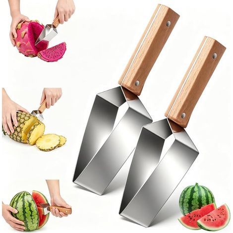 Wassermelonenschneider – 2-teilig – Melonenschneider mit Holzgriff – Manueller Wassermelonenschneider aus Edelstahl (1/5)