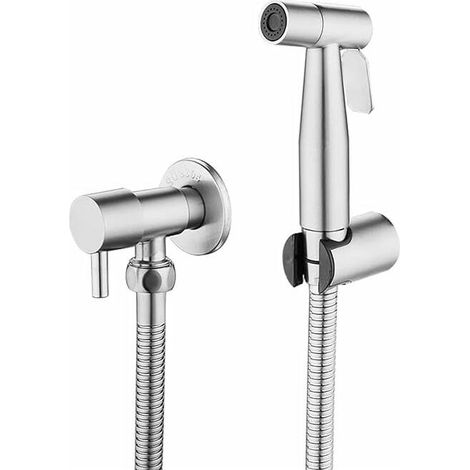 Toilet Spray Gun Kit, 304 Stainless Steel Punch-Free Toilet Flush Booster with G1/2" Hoses and T-Valve, Silver (1/5)