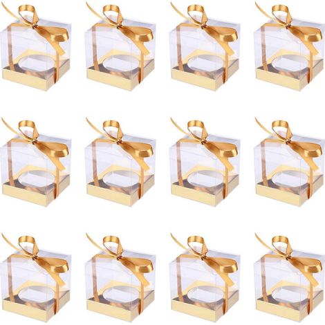 Lot de 12 boîtes à gâteaux transparentes en plastique avec couvercle, idéales pour les cadeaux de naissance ou la vente à emporter.-9.00X9.00X9.00CM-Golden (1/4)