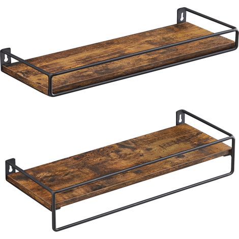 Ensemble de 2 Étagères Flottantes pour Salle de Bain, avec Porte-Serviettes, Marron et Noir (1/5)
