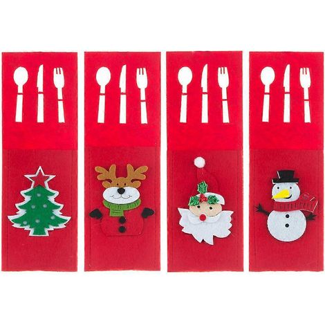 Lot de 4 pochettes de rangement pour couverts sur le thème de Noël, en feutrine.-25.00X8.50X0.20CM-Red