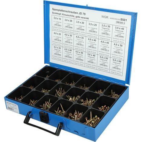 Boîte d'assortiment de vis pour panneaux d'aggloméré à tête fraisée