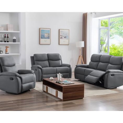 M&S – Ensemble 2 canapés relax manuel en PU anthracite – Structure en bois massif – Assise avec ressorts zigzag – Confort optimal