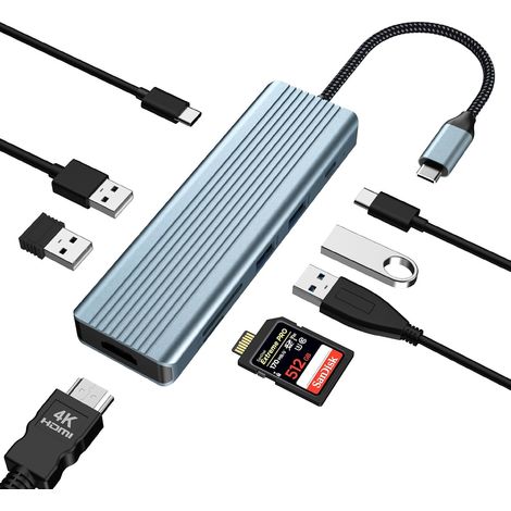 9 en 1 USB C Adaptateur, Hub USB C, USB C vers HDMI Dual Monitor USB C avec 4K HDMI pour MacBook Pro/Air, Dell, Surface Pro, HP, 100 W de Charge PD, USB 3.0/2.0, Lecteur de Carte SD/TF (1/5)