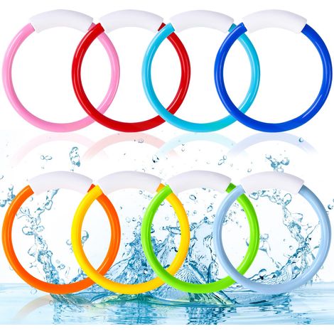 Set mit 8 farbenfrohen Poolspielzeugen für das Unterwassertraining: Tauchringe zum Werfen und Versenken. Ideal für sommerliche Poolpartys und Kinderspiele. (1/5)