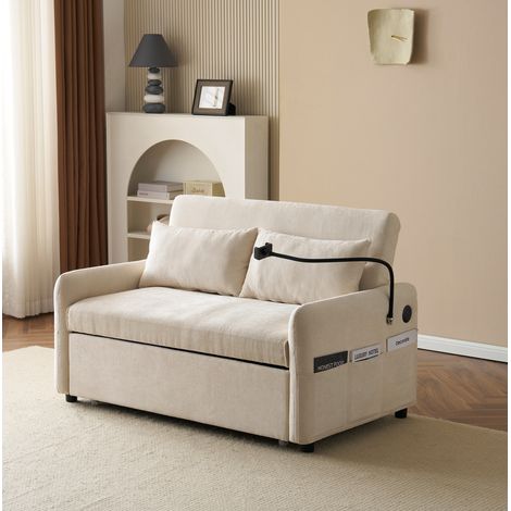 Divano da 2 posti, divano letto beige con funzione letto, supporto per telefono cellulare, porta di ricarica USB (1/5)