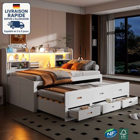 Lit gigogne 90x200 cm - Canapé-lit 2 places , lit de jour multifonction avec télécommande LED, 3 tiroirs, tablette de chevet intégrée, lit gigogne avec ports USB et Type-C, sans matelas, blanc (1/5)