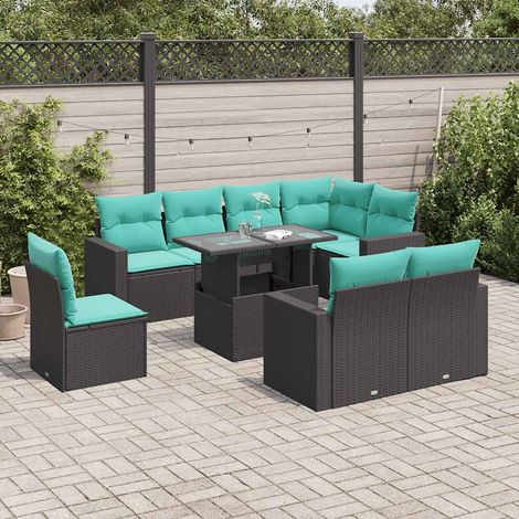 9-teiliges Gartensofa-Set mit Kissen, schwarzes Polyrattan (1/5)
